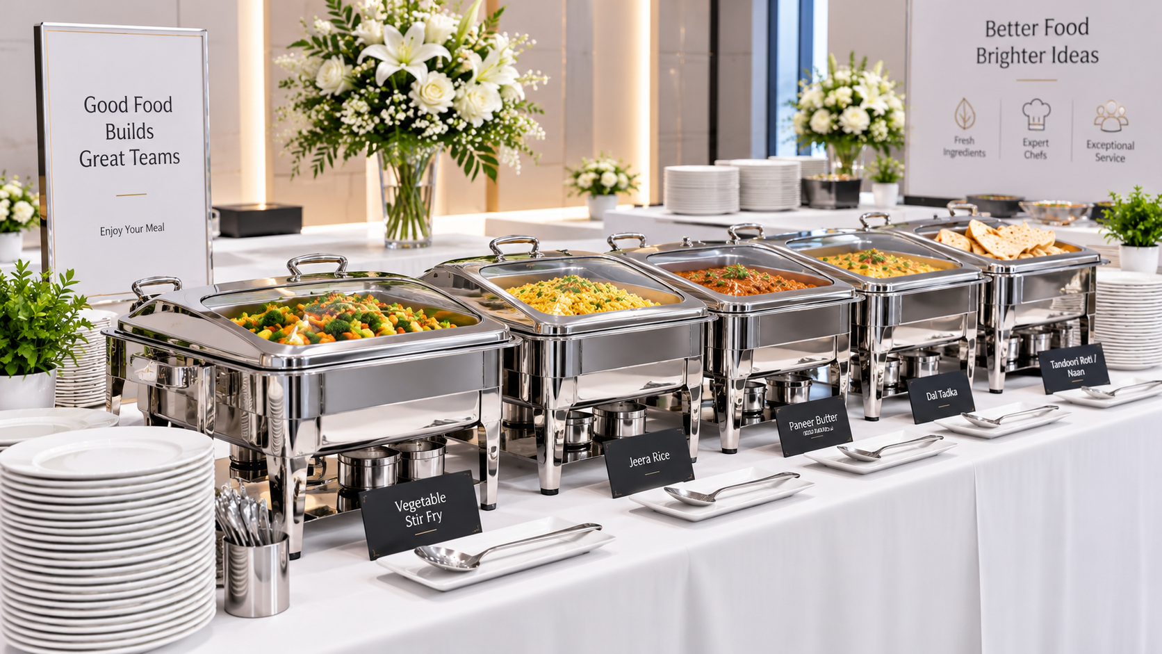 Chafing dishes set out for a corporate catering buffet.